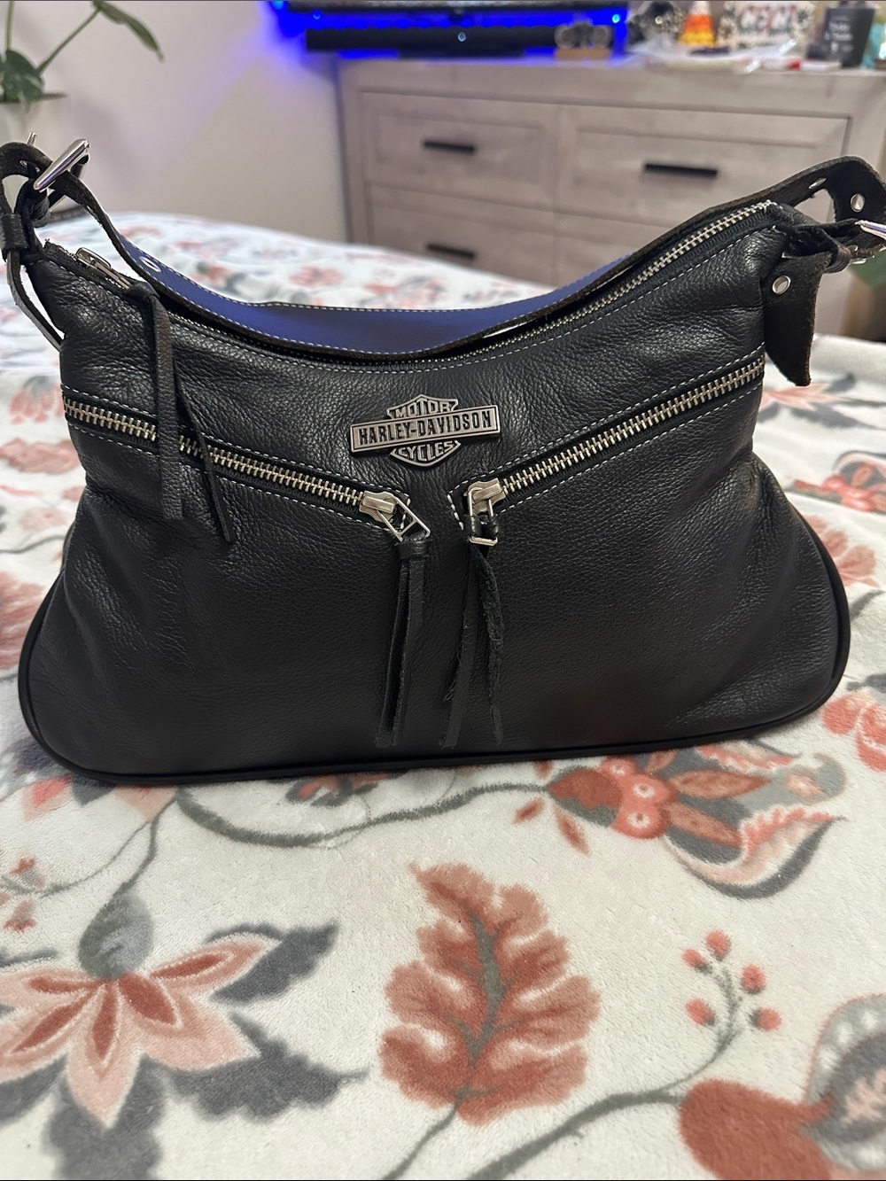 Harley-Davidson Black Leather Shoulder Hobo with Silver Hardware